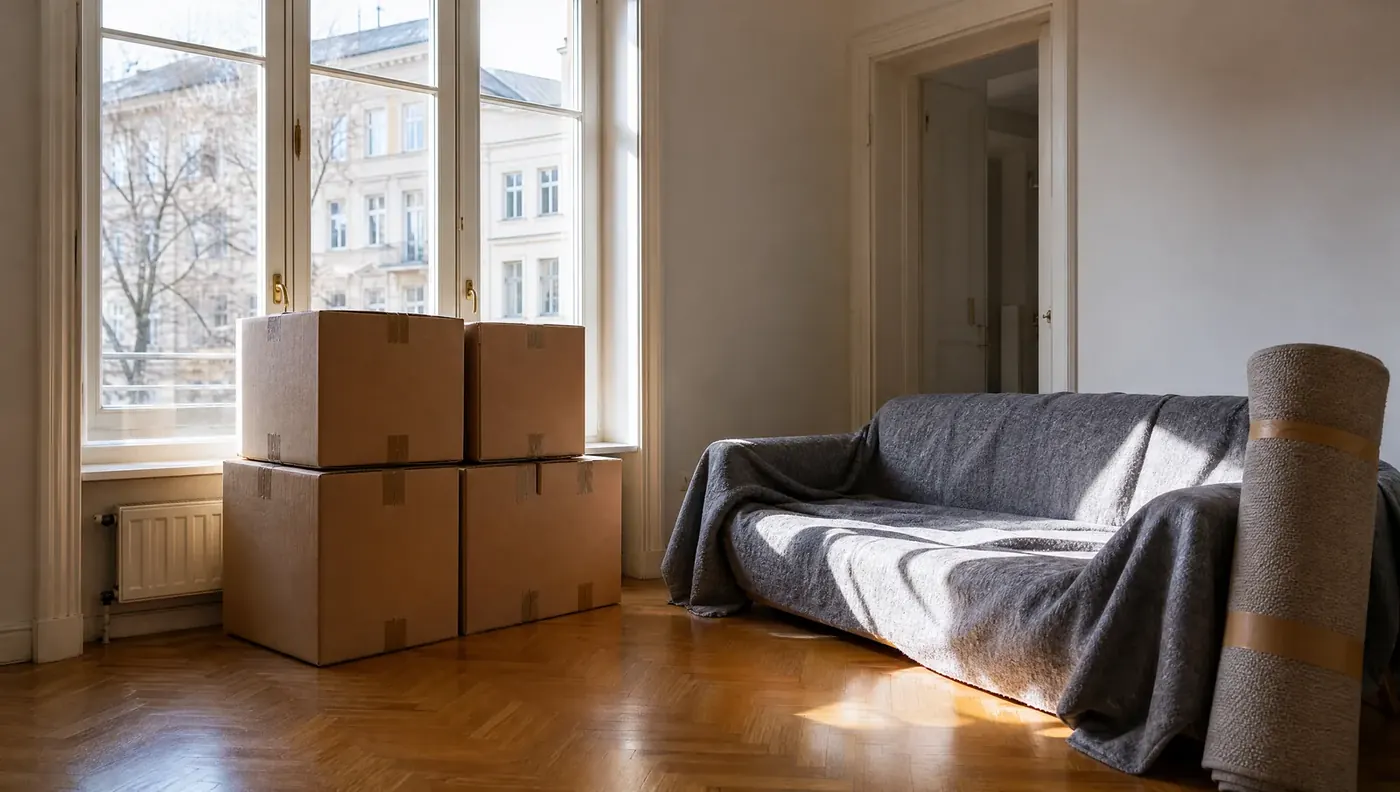 Wohnzimmer am Umzugstag: Sofa in Umzugsdecke, gestapelte Kartons, Fischgrätparkett