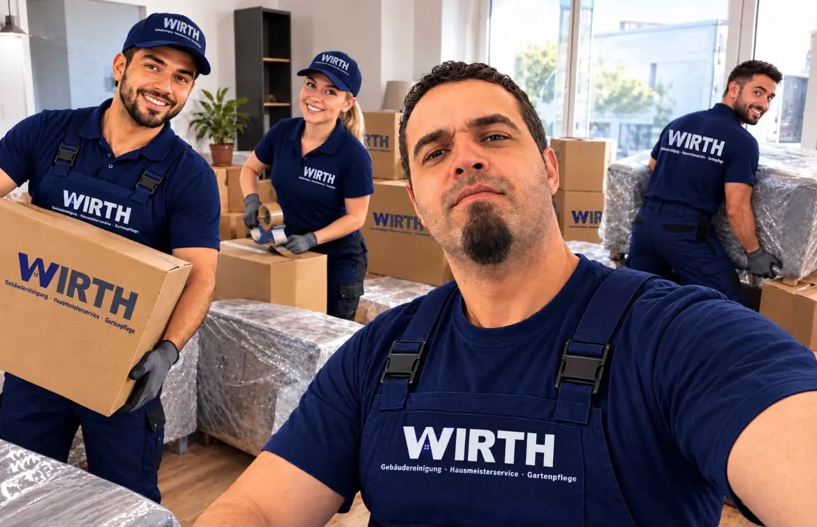 Vier Personen in dunkelblauer Arbeitskleidung mit WIRTH-Aufdruck packen in einer hellen Wohnung Kartons und in Folie gewickelte Möbel, vorne ein Mann mit Kinnbart